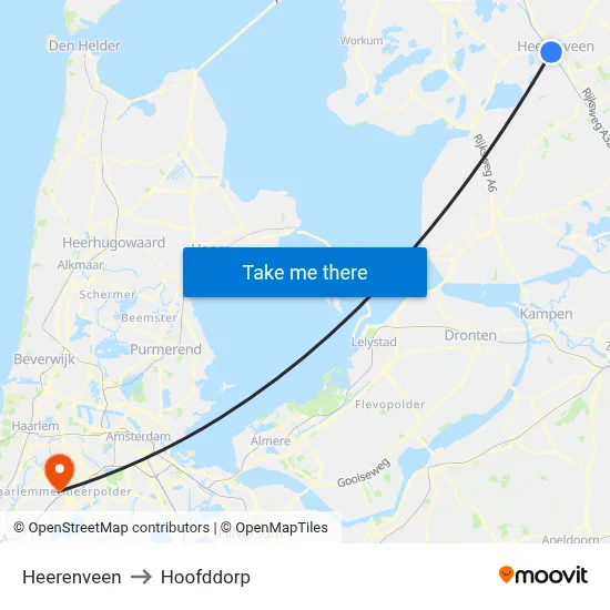 Heerenveen to Hoofddorp map