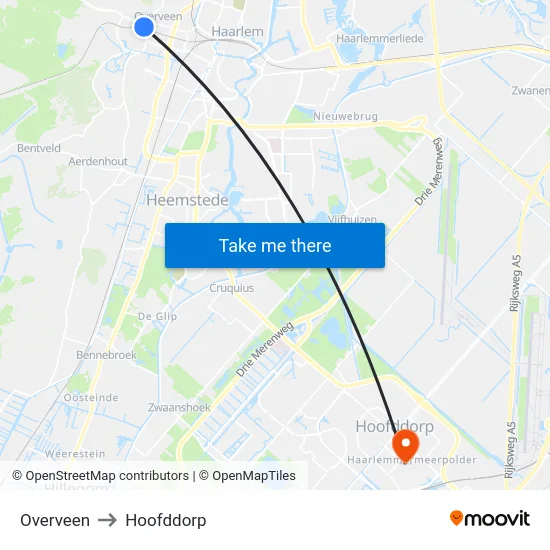 Overveen to Hoofddorp map