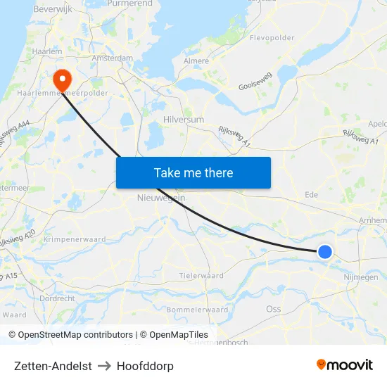 Zetten-Andelst to Hoofddorp map