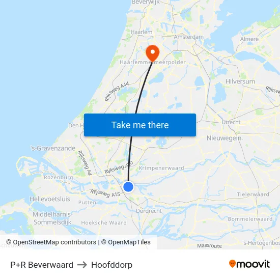 P+R Beverwaard to Hoofddorp map