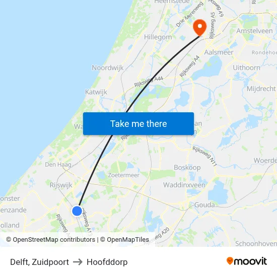 Delft, Zuidpoort to Hoofddorp map