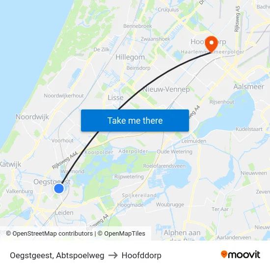 Oegstgeest, Abtspoelweg to Hoofddorp map