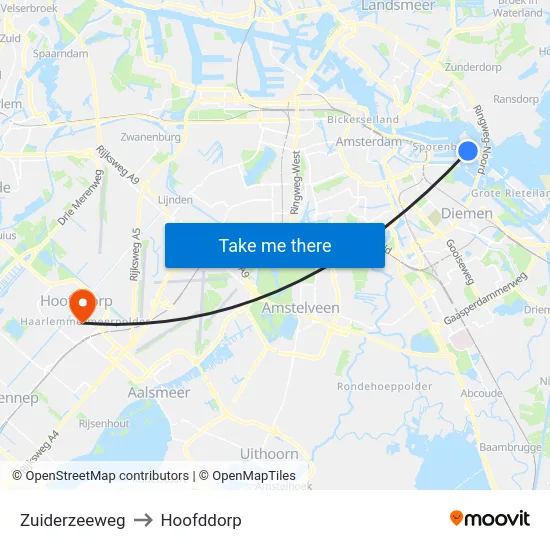 Zuiderzeeweg to Hoofddorp map