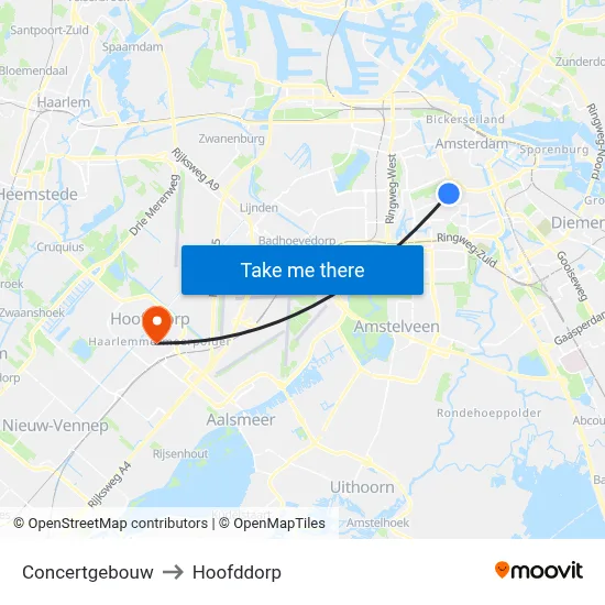 Concertgebouw to Hoofddorp map