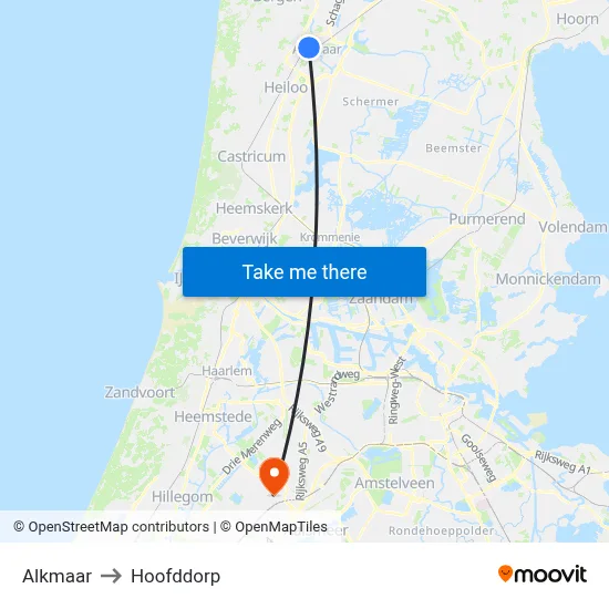 Alkmaar to Hoofddorp map