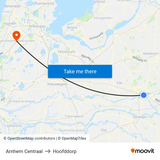 Arnhem Centraal to Hoofddorp map