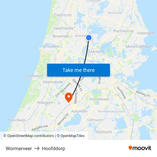 Wormerveer to Hoofddorp map
