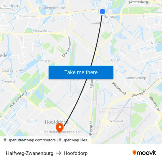 Halfweg-Zwanenburg to Hoofddorp map