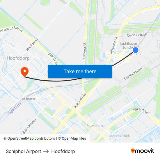 Schiphol Airport to Hoofddorp map