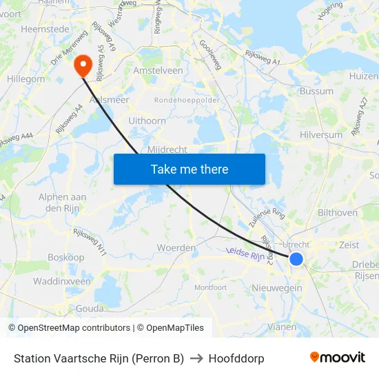 Station Vaartsche Rijn (Perron B) to Hoofddorp map