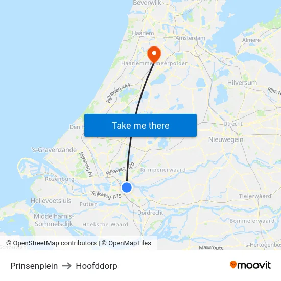 Prinsenplein to Hoofddorp map