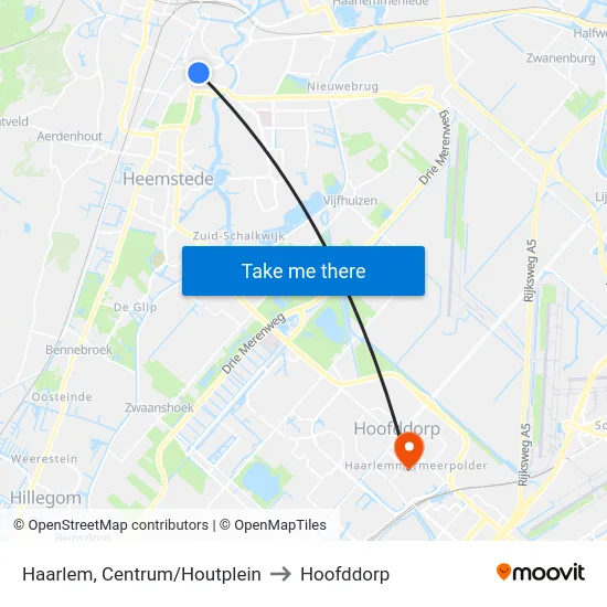 Haarlem, Centrum/Houtplein to Hoofddorp map