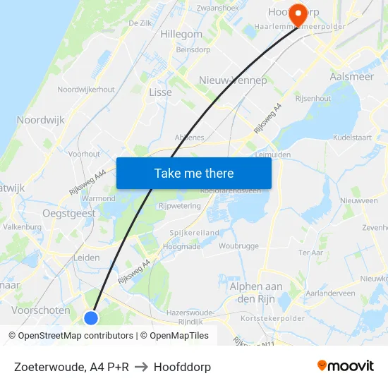Zoeterwoude, A4 P+R to Hoofddorp map