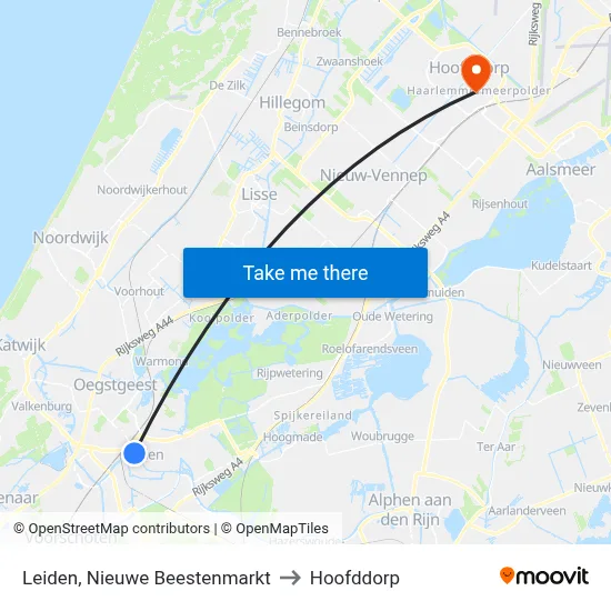Leiden, Nieuwe Beestenmarkt to Hoofddorp map