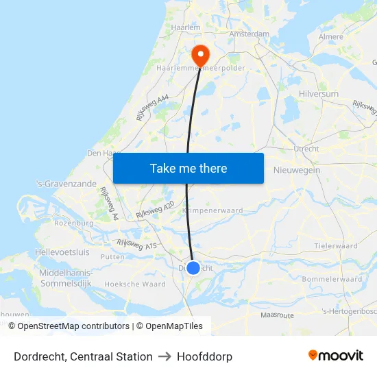 Dordrecht, Centraal Station to Hoofddorp map
