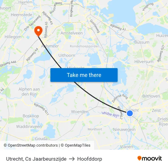 Utrecht, Cs Jaarbeurszijde to Hoofddorp map