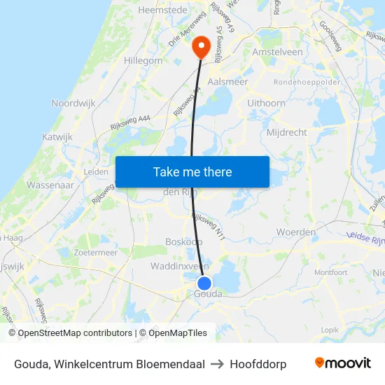 Gouda, Winkelcentrum Bloemendaal to Hoofddorp map