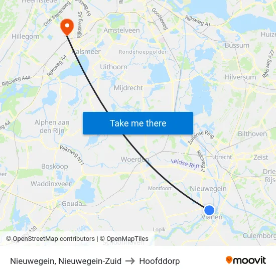 Nieuwegein, Nieuwegein-Zuid to Hoofddorp map