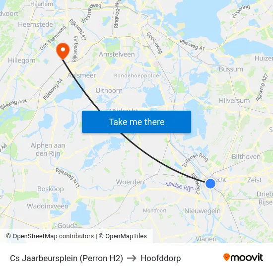 Cs Jaarbeursplein (Perron H2) to Hoofddorp map