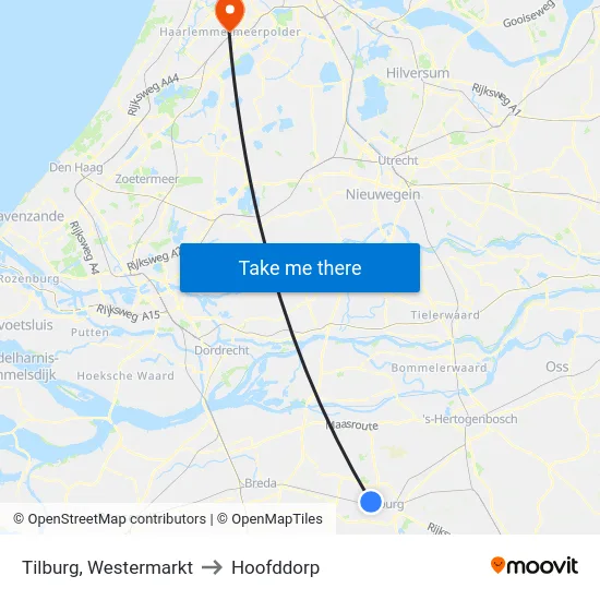 Tilburg, Westermarkt to Hoofddorp map
