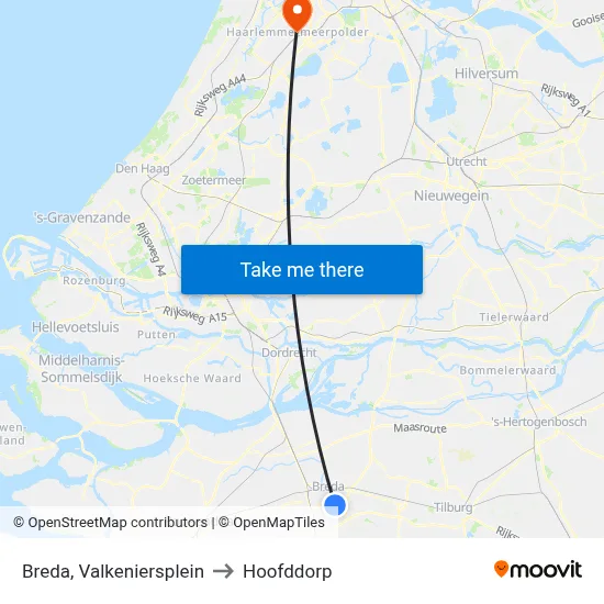 Breda, Valkeniersplein to Hoofddorp map