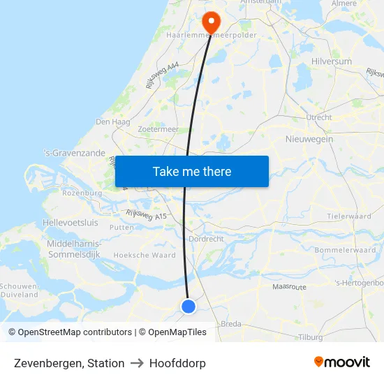 Zevenbergen, Station to Hoofddorp map