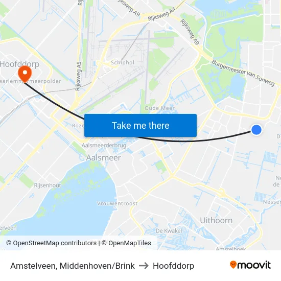 Amstelveen, Middenhoven/Brink to Hoofddorp map