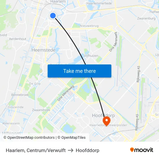 Haarlem, Centrum/Verwulft to Hoofddorp map