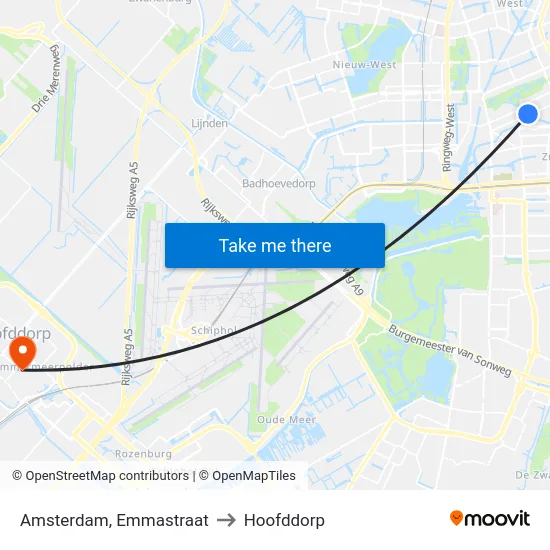 Amsterdam, Emmastraat to Hoofddorp map