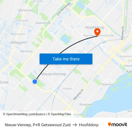 Nieuw-Vennep, P+R Getsewoud Zuid to Hoofddorp map