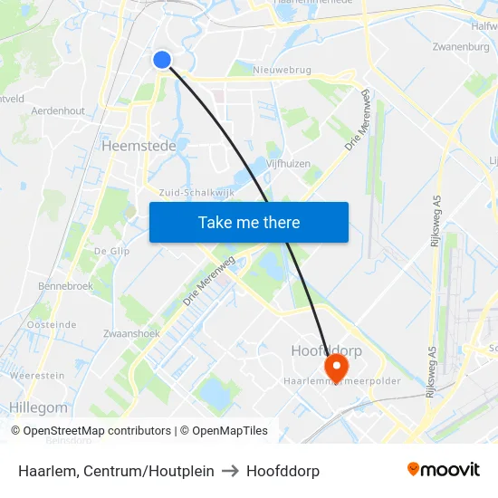 Haarlem, Centrum/Houtplein to Hoofddorp map