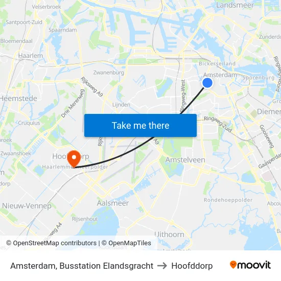 Amsterdam, Busstation Elandsgracht to Hoofddorp map
