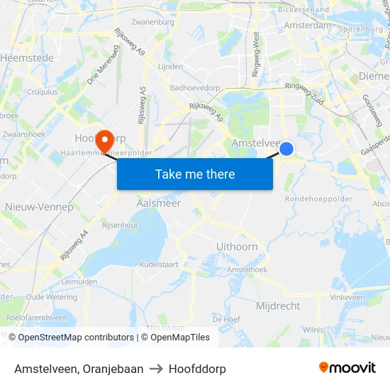 Amstelveen, Oranjebaan to Hoofddorp map