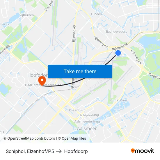 Schiphol, Elzenhof/P5 to Hoofddorp map