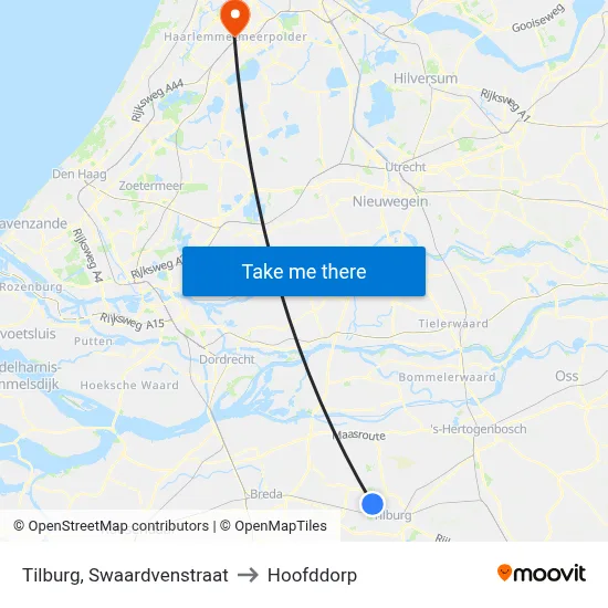 Tilburg, Swaardvenstraat to Hoofddorp map