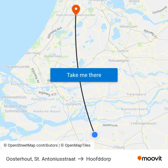 Oosterhout, St. Antoniusstraat to Hoofddorp map
