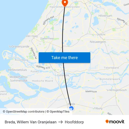Breda, Willem Van Oranjelaan to Hoofddorp map