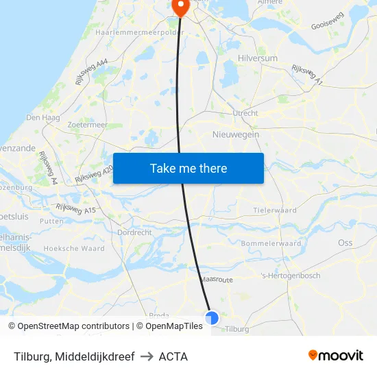 Tilburg, Middeldijkdreef to ACTA map