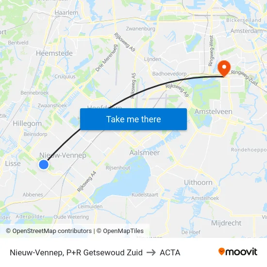 Nieuw-Vennep, P+R Getsewoud Zuid to ACTA map