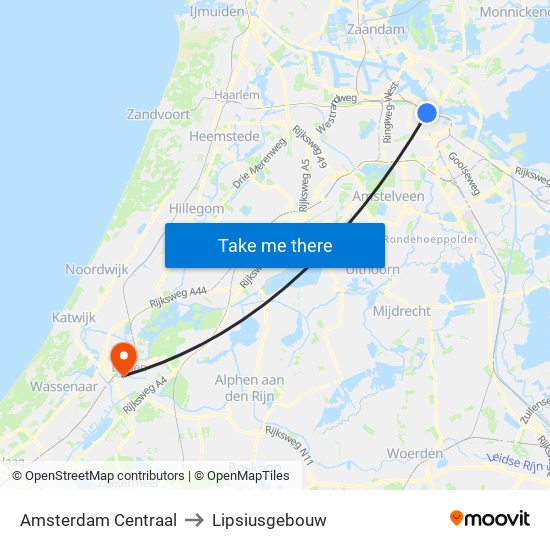 Amsterdam Centraal to Lipsiusgebouw map