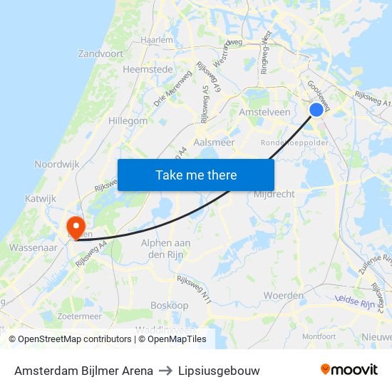 Amsterdam Bijlmer Arena to Lipsiusgebouw map