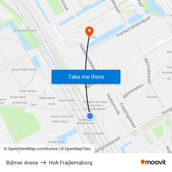 Bijlmer Arena to HvA Fraijlemaborg map