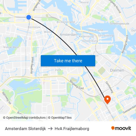 Amsterdam Sloterdijk to HvA Fraijlemaborg map