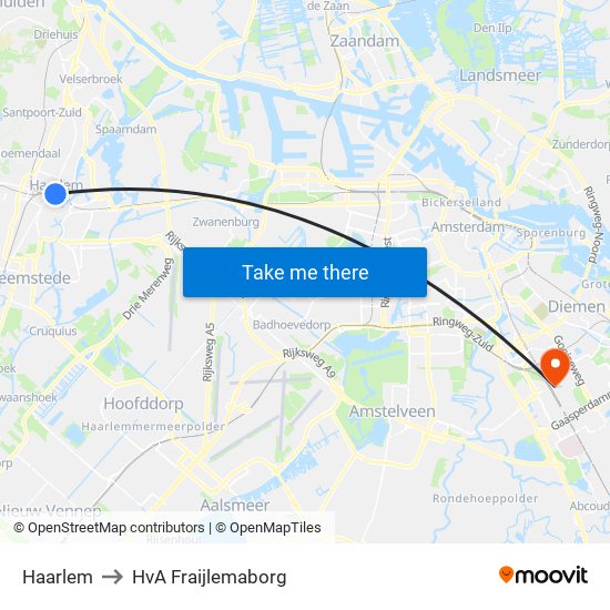 Haarlem to HvA Fraijlemaborg map