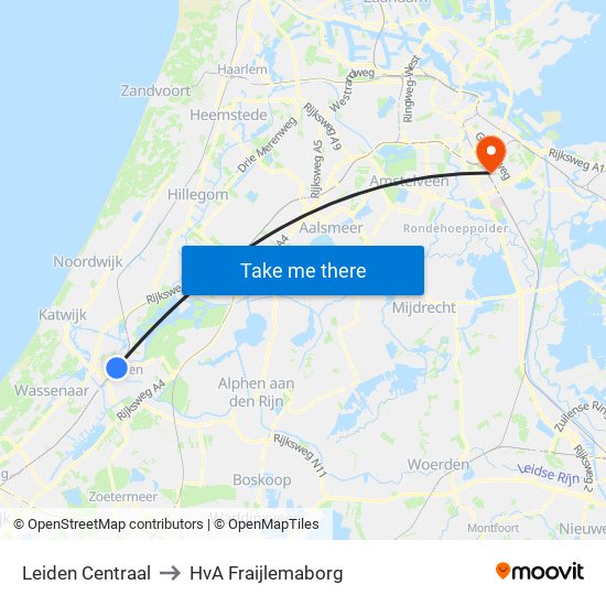 Leiden Centraal to HvA Fraijlemaborg map