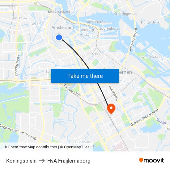 Koningsplein to HvA Fraijlemaborg map