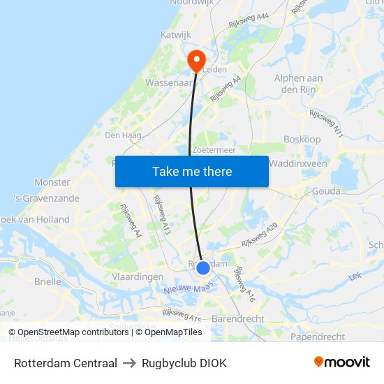 Rotterdam Centraal to Rugbyclub DIOK map