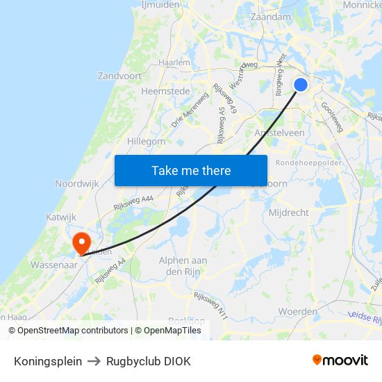 Koningsplein to Rugbyclub DIOK map