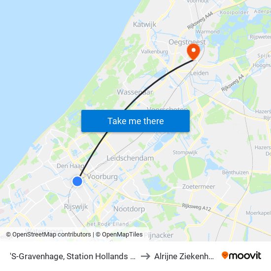 'S-Gravenhage, Station Hollands Spoor (Perron A) to Alrijne Ziekenhuis Leiden map