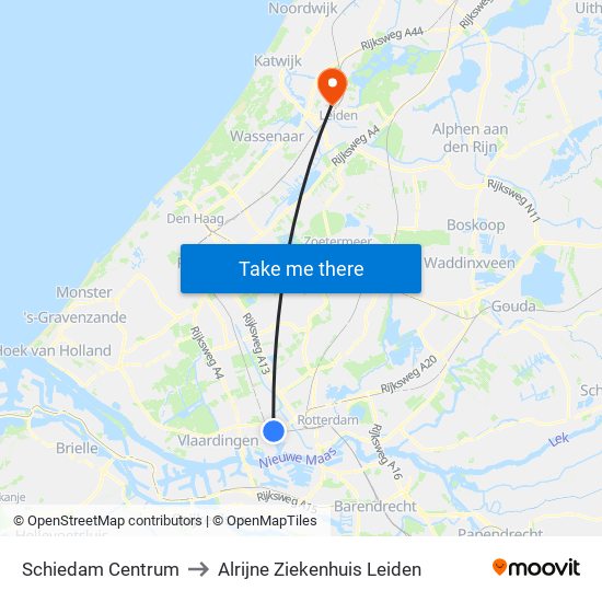 Schiedam Centrum to Alrijne Ziekenhuis Leiden map